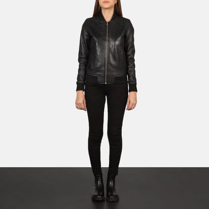 Bliss Noir Women's Black Leather Bomber Jacket front view – VOOLUP
