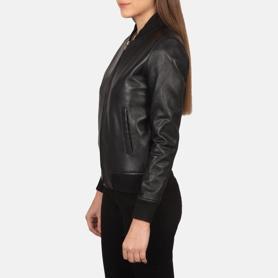 Bliss Noir Women's Black Leather Bomber Jacket side view – VOOLUP
