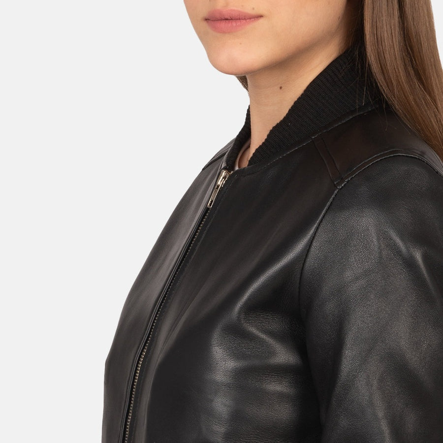 Bliss Noir Women's Black Leather Bomber Jacket side detail closeup – VOOLUP