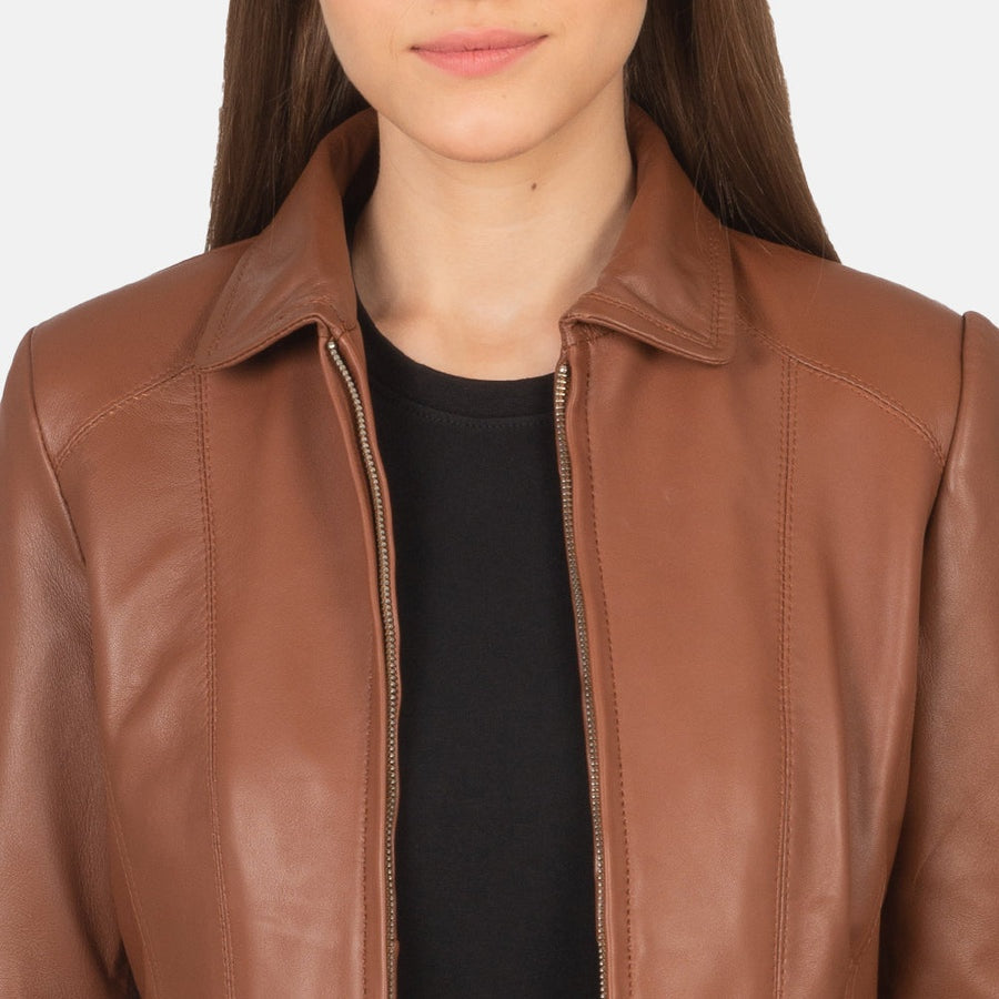 Hazel Women's Tan Leather Jacket detail closeup – VOOLUP