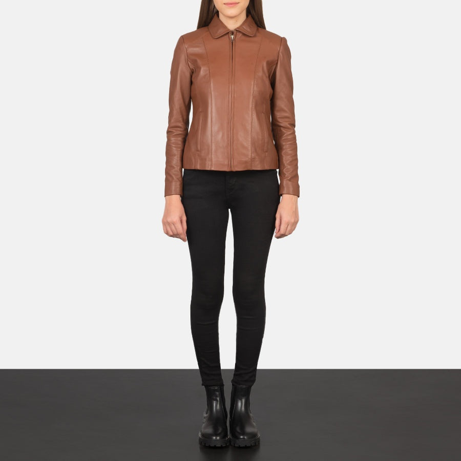 Hazel Women's Tan Leather Jacket front view – VOOLUP