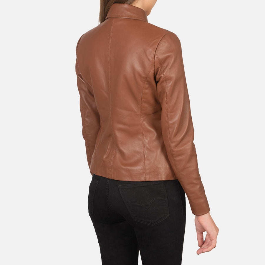 Hazel Women's Tan Leather Jacket back closeup – VOOLUP