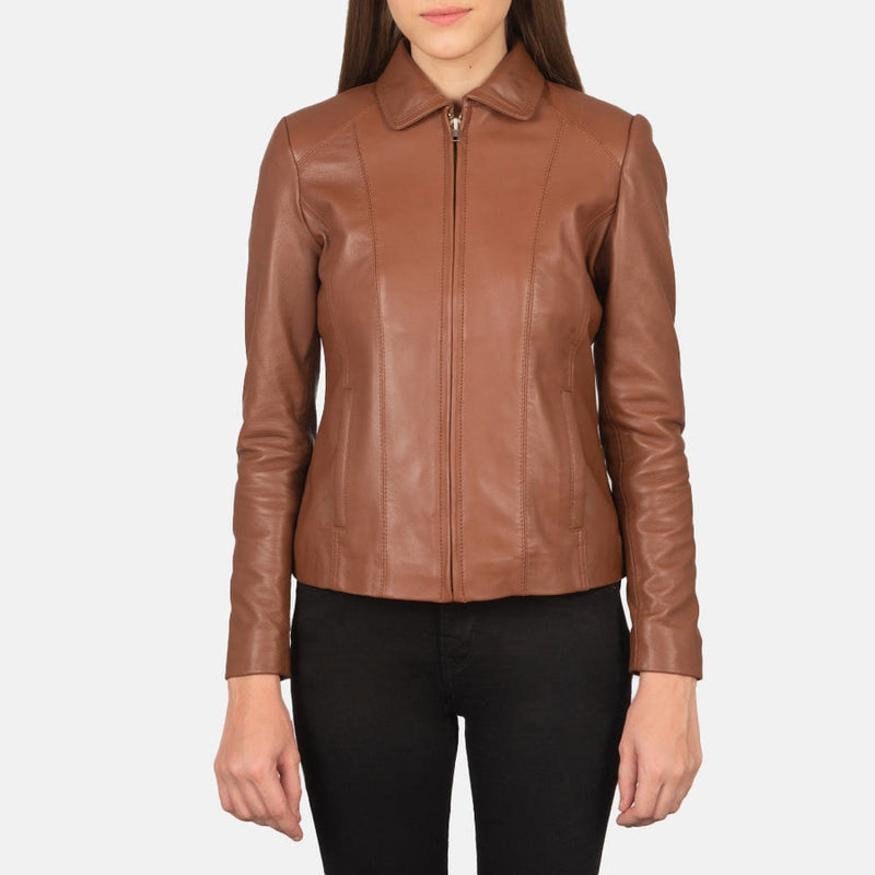 Hazel women's tan caramel genuine leather jacket front closed view – VOOLUP