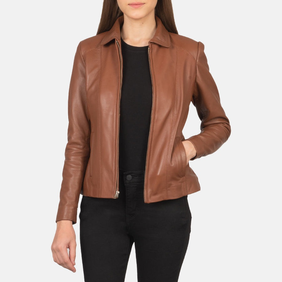 Hazel Women's Tan Leather Jacket model closeup – VOOLUP