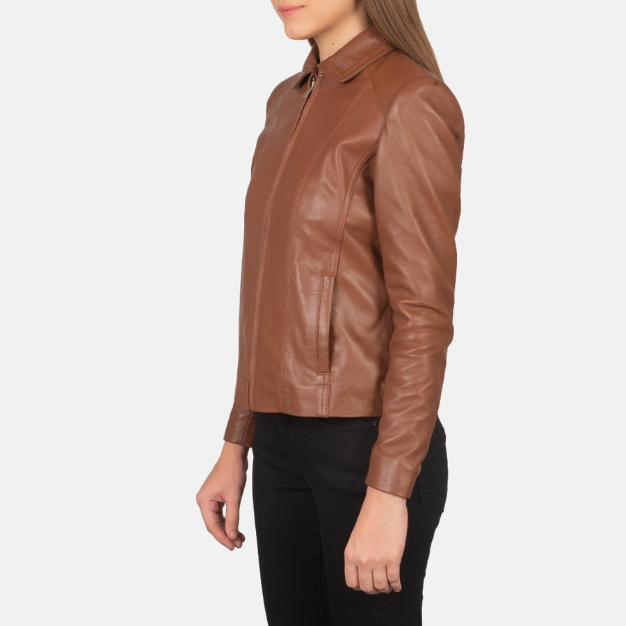 Hazel Women's Tan Leather Jacket side view – VOOLUP