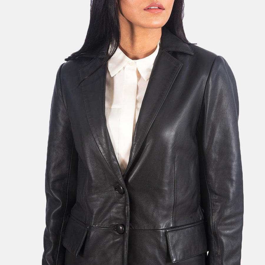 Monroe Women's Black Leather Blazer front detail closeup – VOOLUP