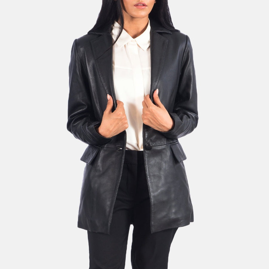 Monroe Women's Black Leather Blazer front closeup – VOOLUP
