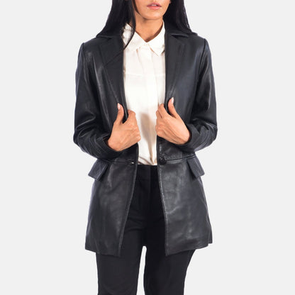 Monroe Women's Black Leather Blazer front closeup – VOOLUP