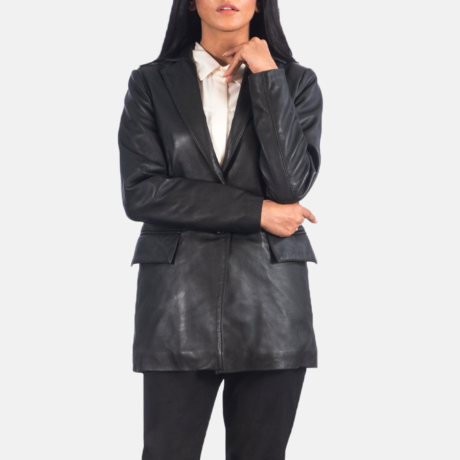 Monroe women's black genuine leather blazer front closeup – VOOLUP