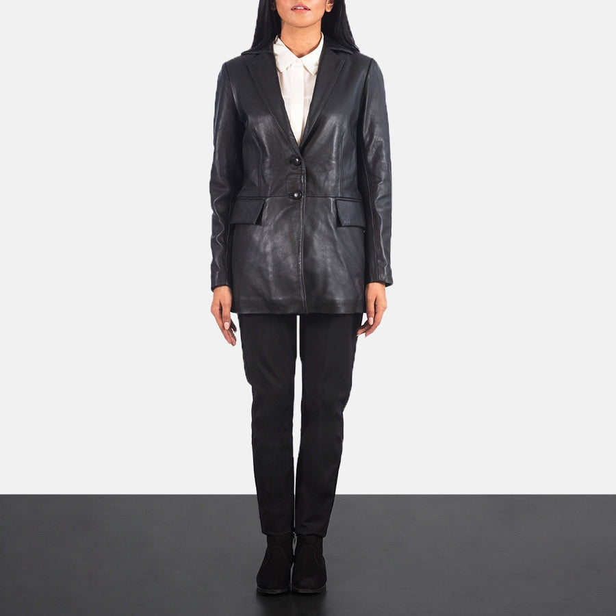 Monroe Women's Black Leather Blazer front view – VOOLUP