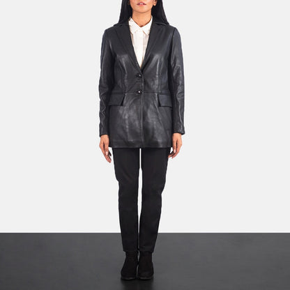 Monroe Women's Black Leather Blazer front view – VOOLUP