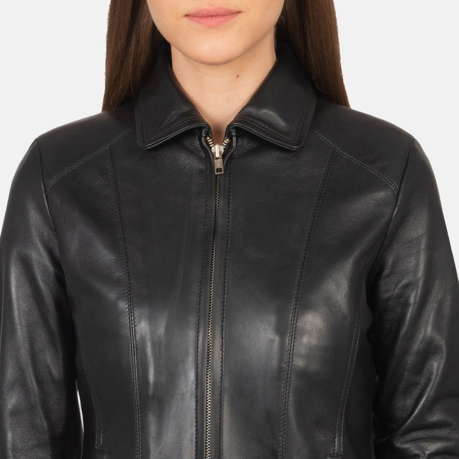 Moonlight Women's Black Leather Jacket front detail closeup – VOOLUP
