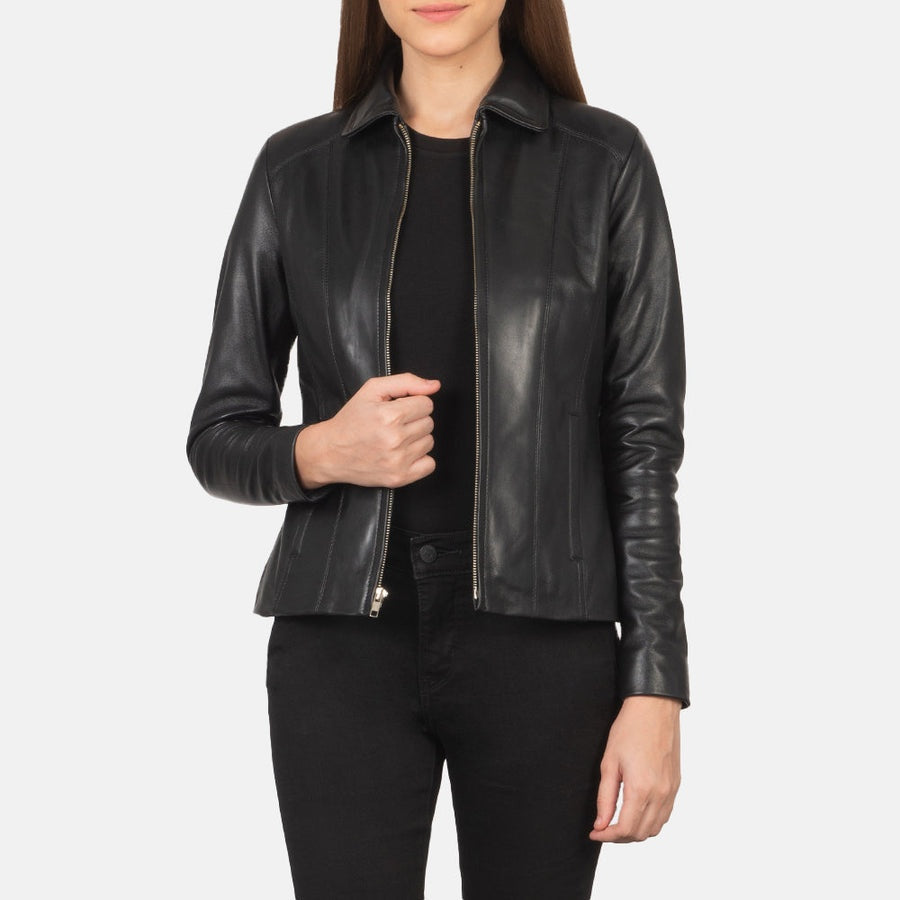Moonlight Women's Black Leather Jacket model closeup – VOOLUP