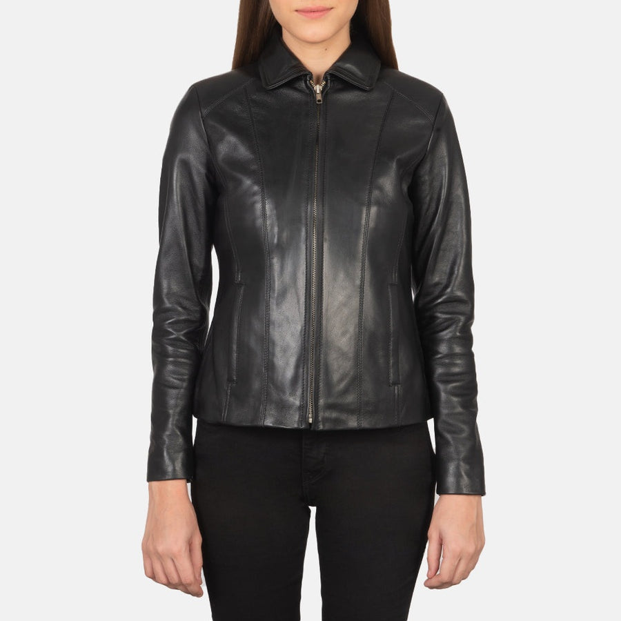 Moonlight women's black genuine leather jacket front view – VOOLUP