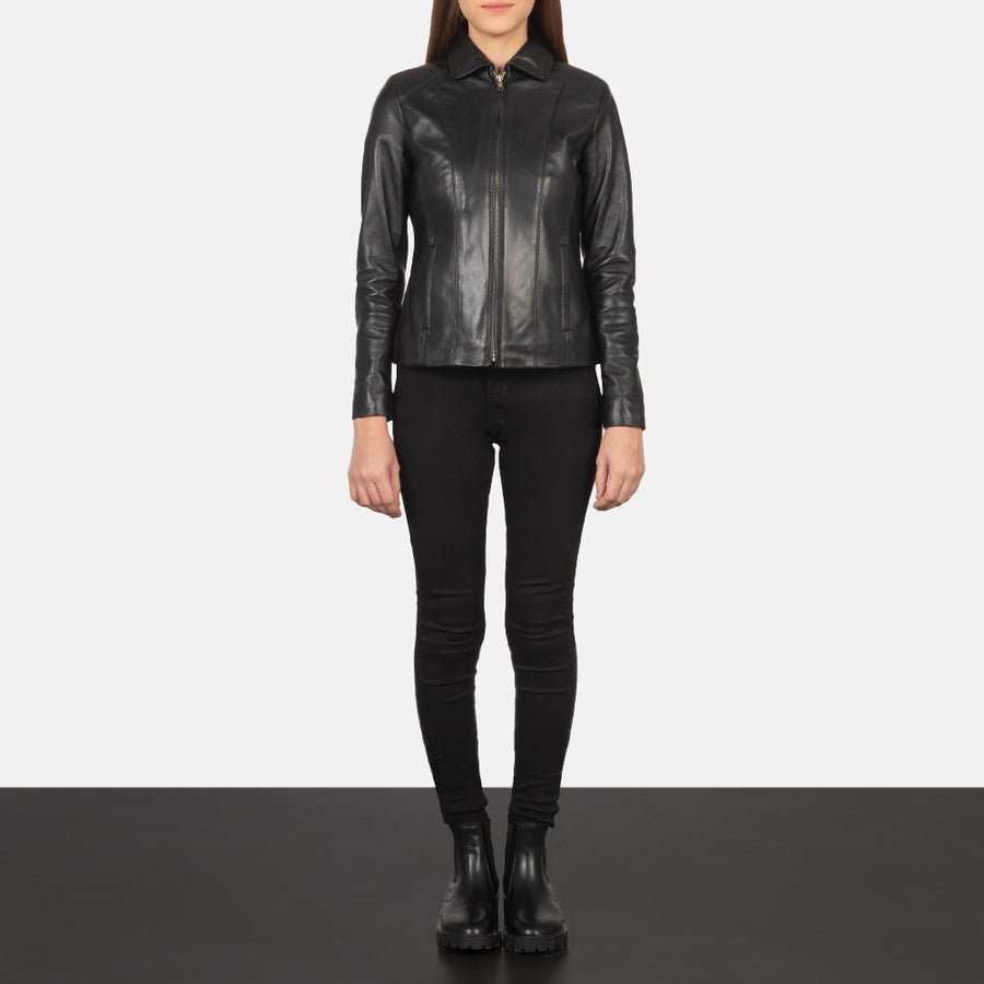 Moonlight Women's Black Leather Jacket front view – VOOLUP