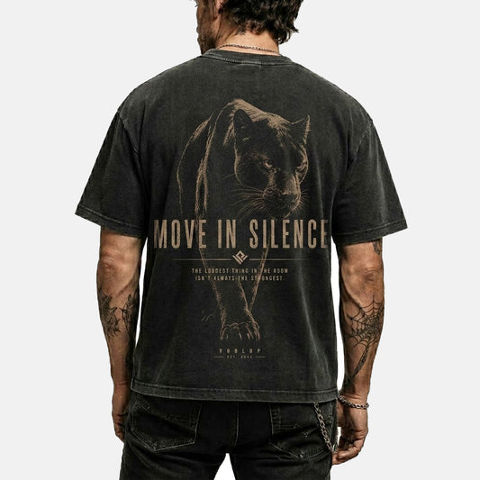 Move in Silence washed black oversized graphic t-shirt back view bold graphic print streetwear | VOOLUP