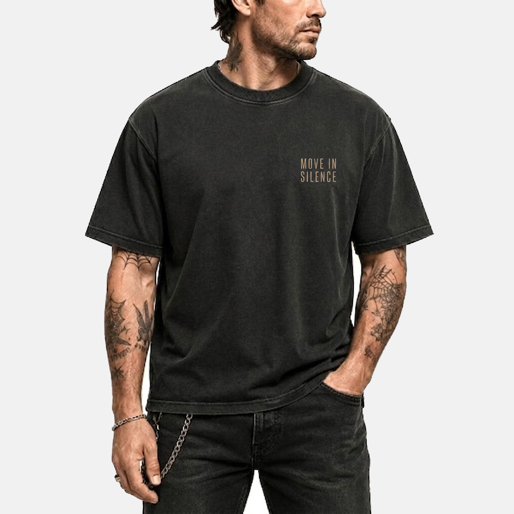 Move in Silence washed black oversized graphic t-shirt front view clean minimalist chest | VOOLUP