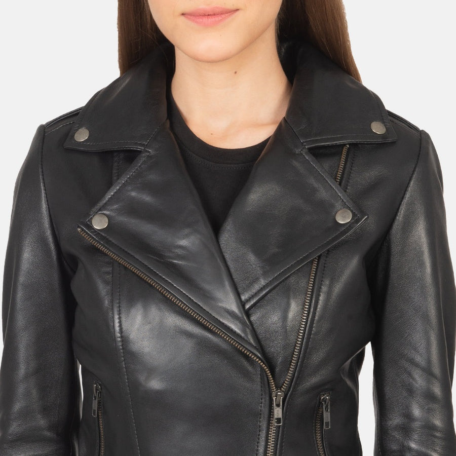 Nightfall Women's Black Leather Biker Jacket front detail closeup – VOOLUP