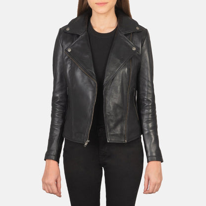 Nightfall women's black genuine leather biker jacket front open closeup – VOOLUP