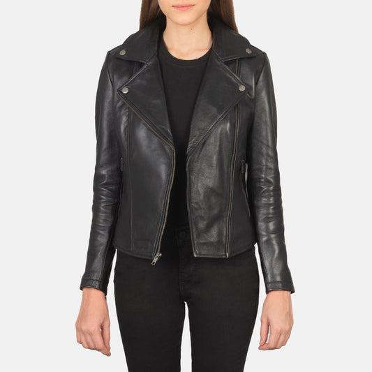 Nightfall women's black genuine leather biker jacket front open closeup – VOOLUP