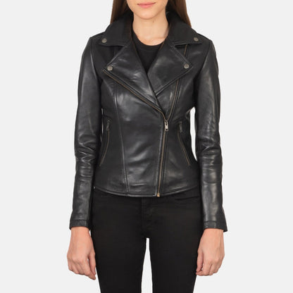 Nightfall Women's Black Leather Biker Jacket model closeup – VOOLUP