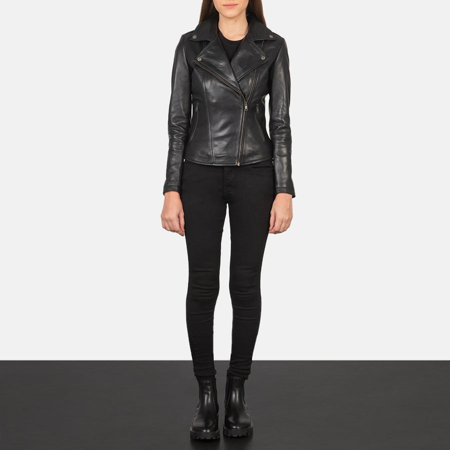 Nightfall Women's Black Leather Biker Jacket front view – VOOLUP
