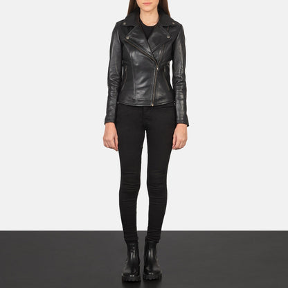 Nightfall Women's Black Leather Biker Jacket front view – VOOLUP