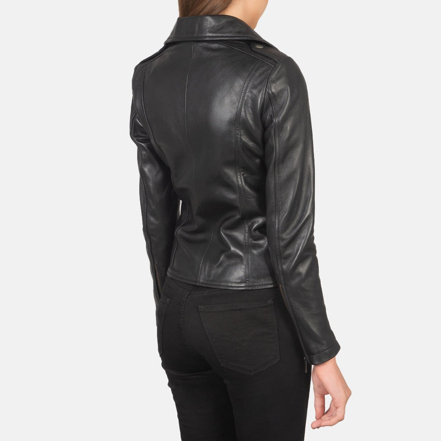Nightfall Women's Black Leather Biker Jacket side and back view – VOOLUP
