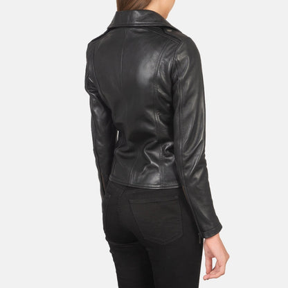 Nightfall Women's Black Leather Biker Jacket side and back view – VOOLUP