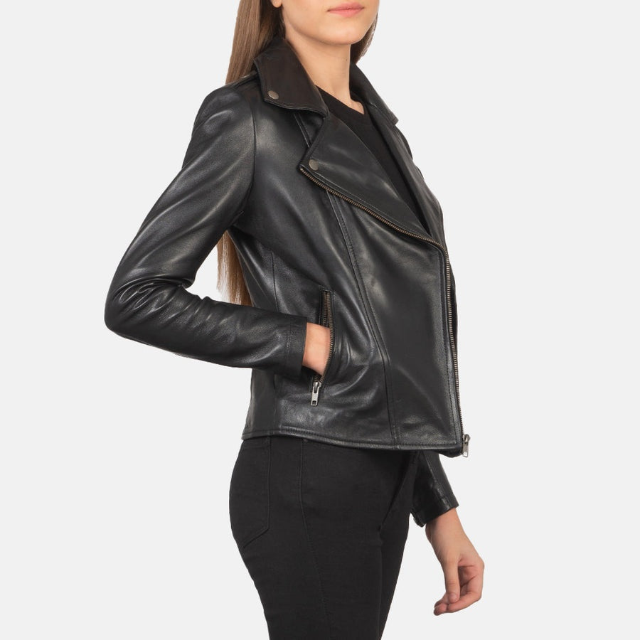 Nightfall Women's Black Leather Biker Jacket side view – VOOLUP