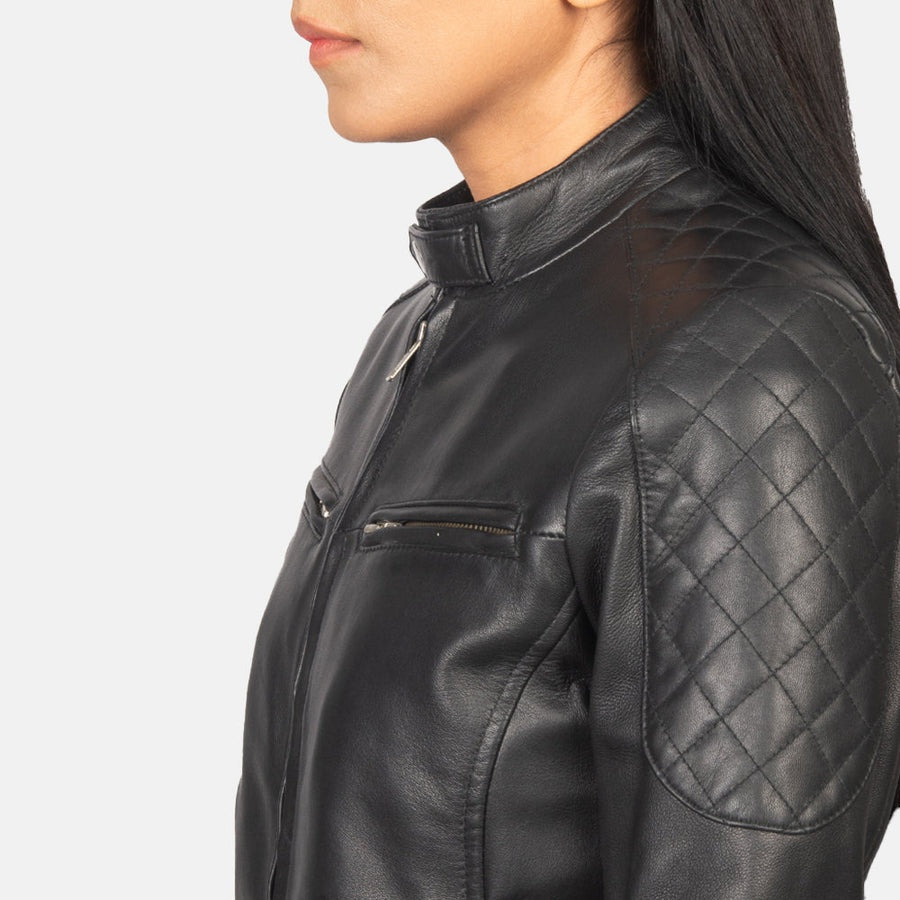 Nightshift Women's Black Leather Bomber Jacket detail closeup – VOOLUP