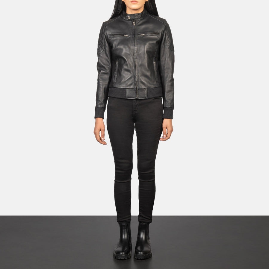 Nightshift Women's Black Leather Bomber Jacket front view – VOOLUP