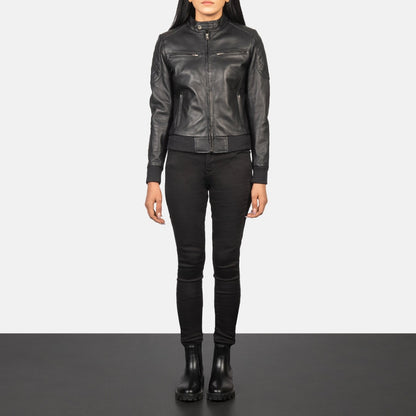 Nightshift Women's Black Leather Bomber Jacket front view – VOOLUP