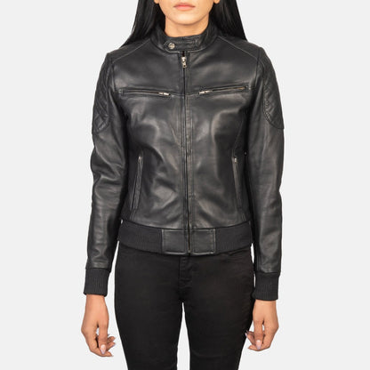 Nightshift women's black genuine leather bomber jacket front closed view – VOOLUP