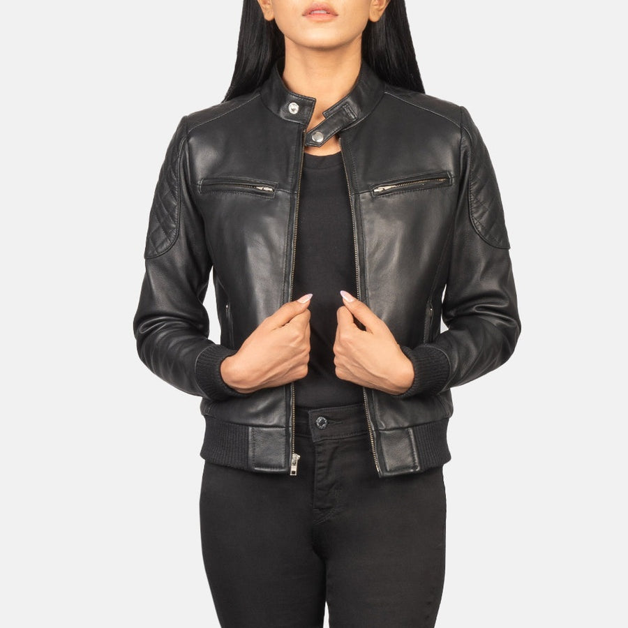 Nightshift Women's Black Leather Bomber Jacket front open closeup – VOOLUP