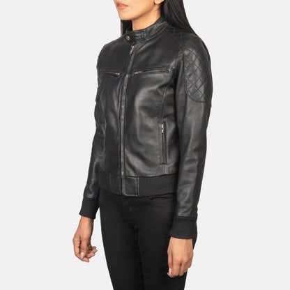 Nightshift Women's Black Leather Bomber Jacket model closeup – VOOLUP