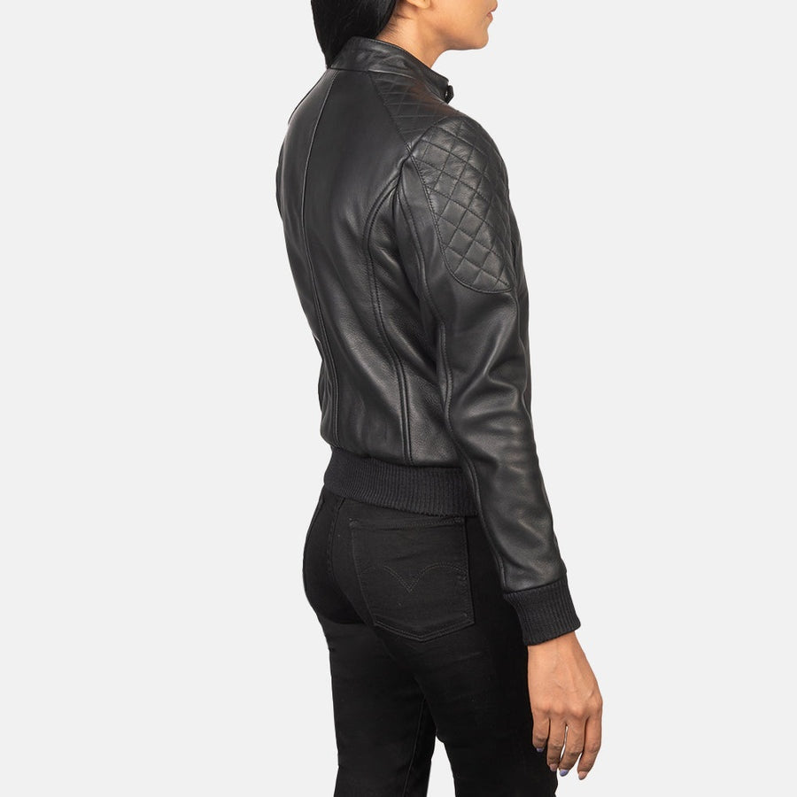Nightshift Women's Black Leather Bomber Jacket side closeup – VOOLUP