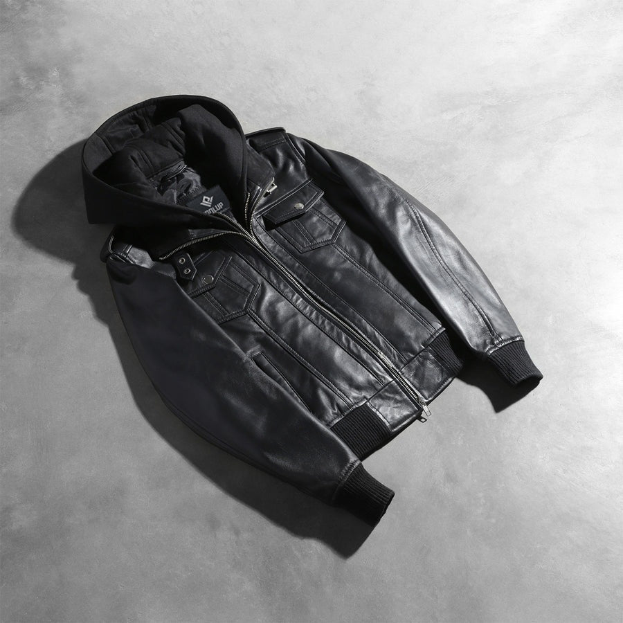 Outlaw Women's Black Leather Hooded Bomber Jacket lifestyle view – VOOLUP