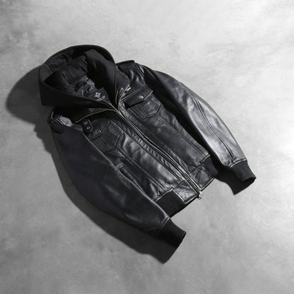 Outlaw Women's Black Leather Hooded Bomber Jacket lifestyle view – VOOLUP