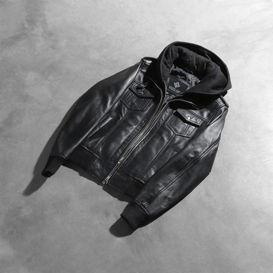 Outlaw Women's Black Leather Hooded Bomber Jacket lifestyle detail – VOOLUP