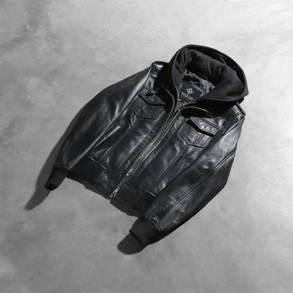 Outlaw Women's Black Leather Hooded Bomber Jacket lifestyle detail – VOOLUP