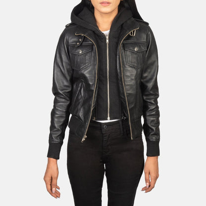 Outlaw Women's Black Leather Hooded Bomber Jacket model closeup – VOOLUP