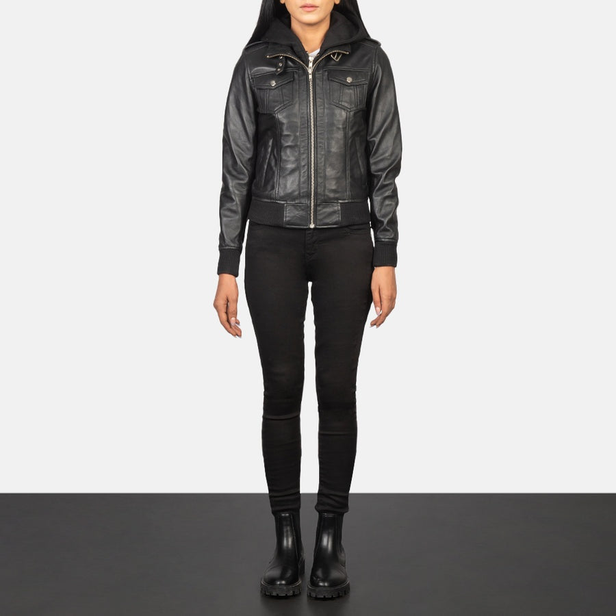 Outlaw Women's Black Leather Hooded Bomber Jacket front view – VOOLUP