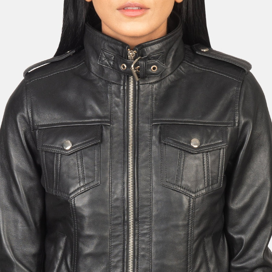 Outlaw Women's Black Leather Hooded Bomber Jacket front detail closeup – VOOLUP