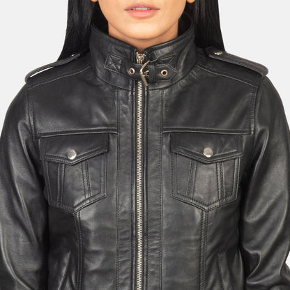 Outlaw Women's Black Leather Hooded Bomber Jacket front detail closeup – VOOLUP