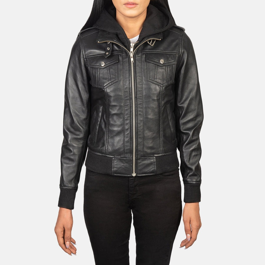 Outlaw women's black genuine leather hooded bomber jacket front closeup – VOOLUP