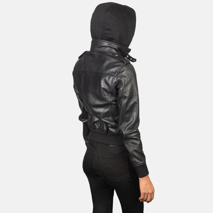 Outlaw Women's Black Leather Hooded Bomber Jacket side and back view – VOOLUP