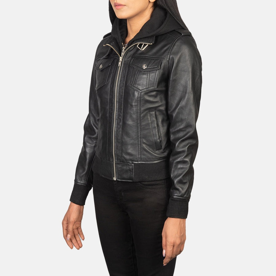 Outlaw Women's Black Leather Hooded Bomber Jacket side view – VOOLUP