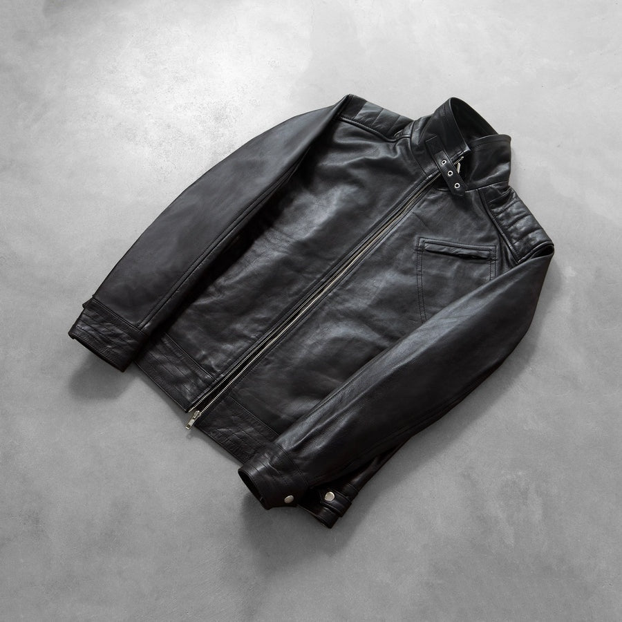 Phantom Men's Black Leather Moto Jacket lifestyle view – VOOLUP
