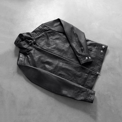 Phantom Men's Black Leather Moto Jacket lifestyle detail – VOOLUP